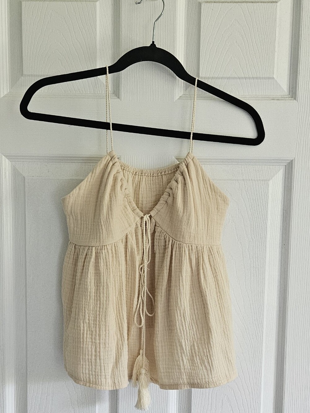 Cream Tan Gauze Spaghetti Strap Tie-Front Tank